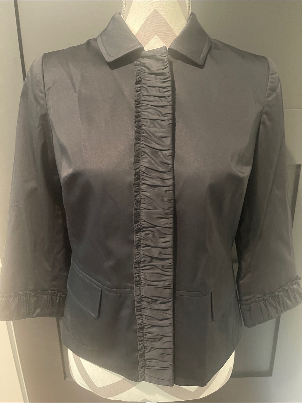 Talbots Black Sateen Ruffle Front Crop Jacket Size 4P